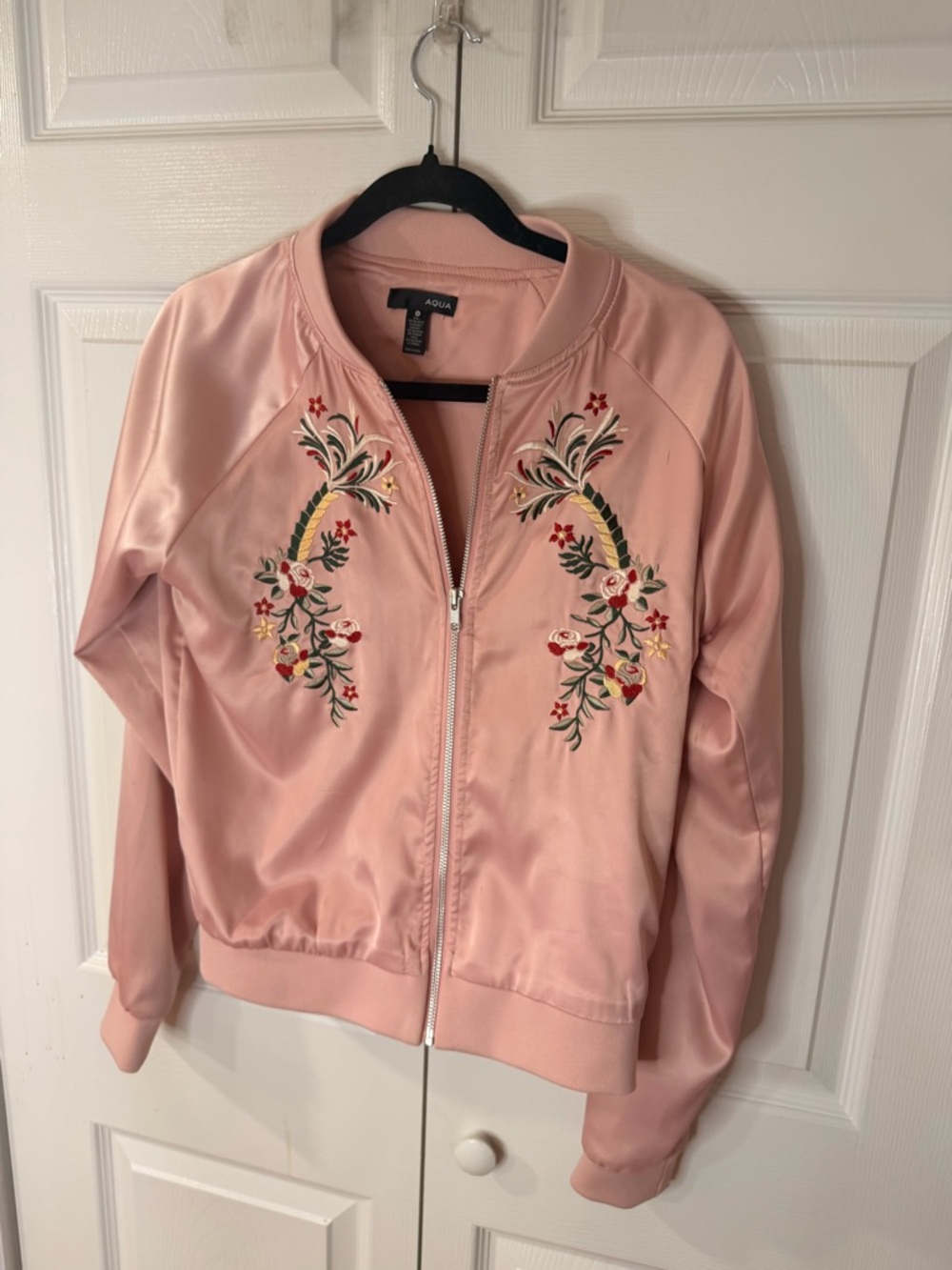 Aqua Pink Satin Floral Embroidered Bomber Jacket